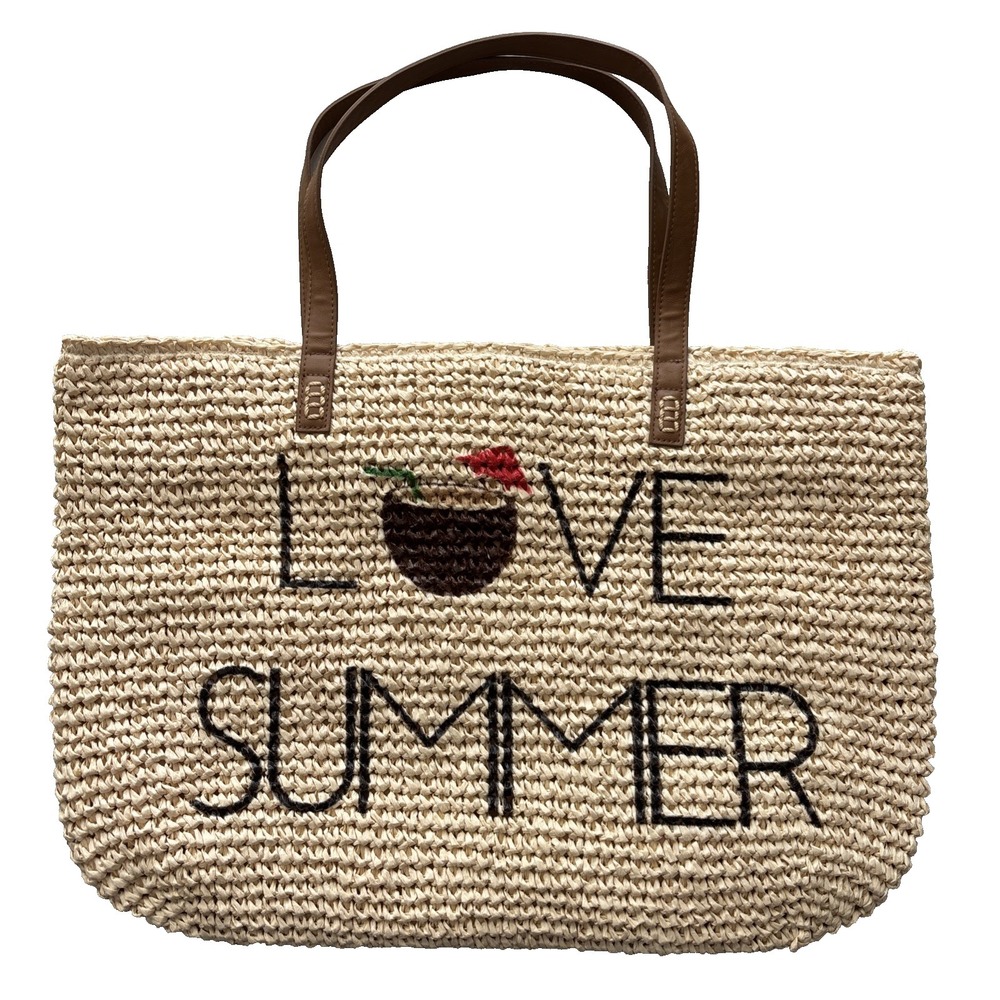 Styleโ & Co Woven Straw Bag Beach "Love Summer" Tote Coastal Boho Raffia Style